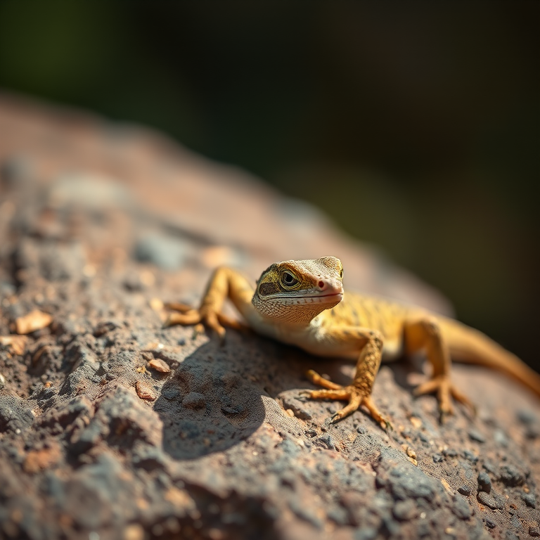 Capture a close-up of a lizard resting on a textured rock using a DSLR camera, 85mm lens, f/2.8 aperture, ISO 200, 1/500 sec shutter speed, natural lighting, shallow depth of field for sharp focus on the lizard with a blurred background.