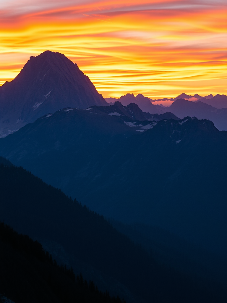 Create a high-resolution image of a serene mountain landscape during sunset with vibrant colors in the sky, captured using a full-frame DSLR camera with a 24mm lens, aperture set to f/8, ISO 100, and in landscape orientation.