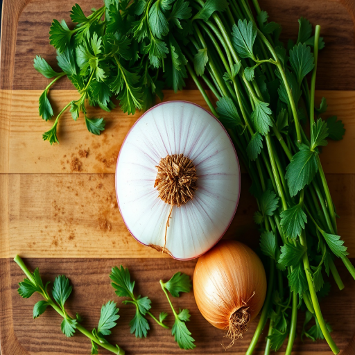 regenerate an image of fresh herbs and an onion on a wooden cutting board, captured with a Canon EOS R6 at f/2.8, 1/100 sec, ISO 200, top-down view, natural lighting, high resolution
