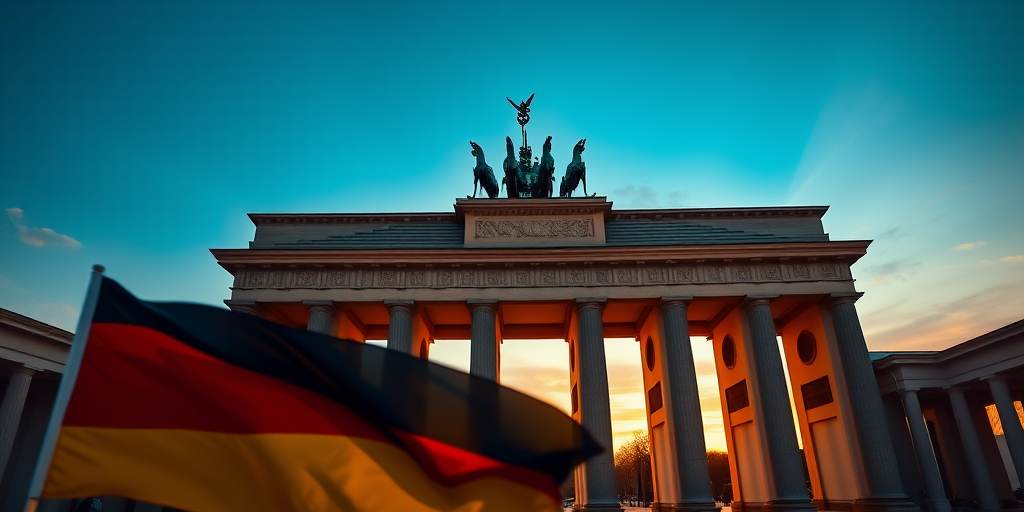 Create a high-resolution image of the Brandenburg Gate in Berlin, Germany, with a flowing German flag in the foreground, captured at sunset with an aperture of f/8, ISO 100, using a wide-angle lens, and a DSLR camera.