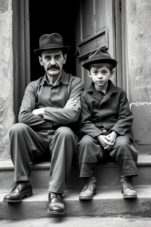 A black-and-white photograph of a man and a child sitting on steps in front of a doorway. The man is dressed as a tramp with a bowler hat, mustache, and ragged clothes, reminiscent of Charlie Chaplin's iconic look. He is sitting with his arms crossed and an expression of slight sadness or frustration. Next to him is a young boy, also in worn clothes and a cap, sitting with his hands clasped, looking thoughtful. The background is an old, textured wall and a partially open door, creating a vintage, early 20th-century atmosphere.