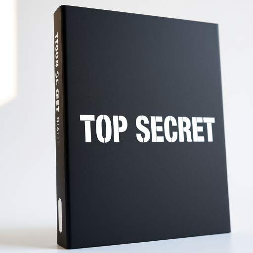 Create a high-quality image of a slightly curved black folder with bold white letters reading "TOP SECRET" on the cover, using a Canon EOS R5 camera, 50mm lens, f/1.8 aperture, ISO 100, with soft natural lighting and a slight angle from the top left for a dynamic perspective.