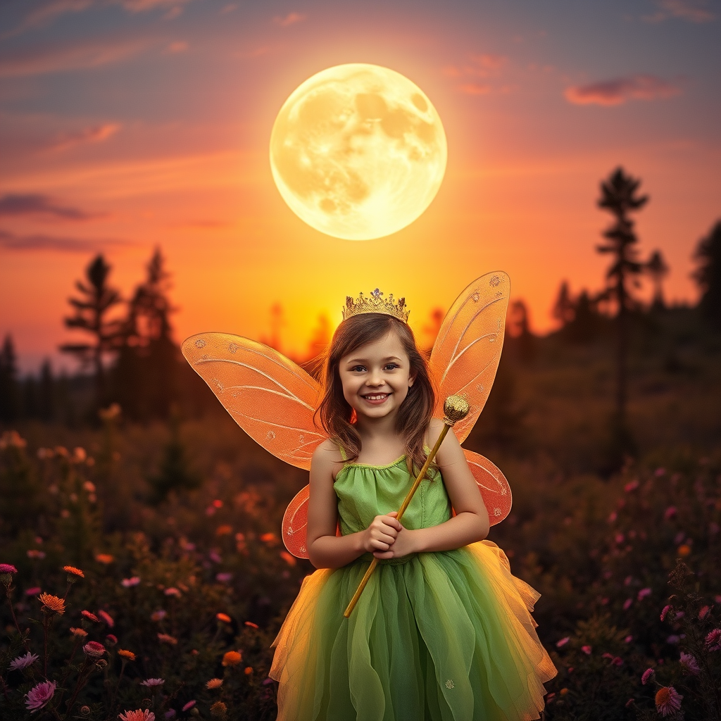A vivid photo  taken under a bright camera flash of a fantastical scene set against a backdrop of a forest during sunset. The main subject is a girl dressed as a fairy, adorned with translucent wings and a green dress, holding a wand, her face is happy, and she wears a crown on her head. The forest behind her is a blend of flowers, shrubs and trees. The sky is painted in hues of orange and pink, with a large, glowing moon casting a warm glow over the scene. The overall color palette is dominated by earthy tones.