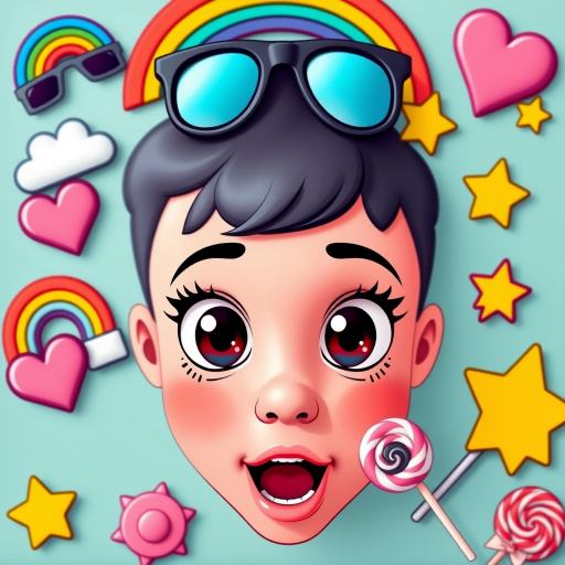 Create a vibrant, cartoon-style image featuring a face with large, expressive eyes surrounded by playful icons like a rainbow, a pair of sunglasses, hearts, star, and a lollipop, using a Canon EOS R camera, 50mm lens, f/1.8 aperture, ISO 100, soft natural lighting for enhanced colors and clarity.