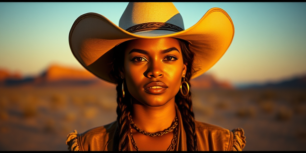Dramatic photo of a beautiful Fijian woman, classic cowboy attire, confident and free spirit expression, half-length portrait, centered, golden hour desert landscape, warm, diffused light, low angle, medium format film camera, in style of Annie Leibovitz.