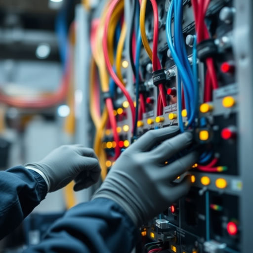 Close-up of a technician in gloves working on electrical panels with colorful wires and glowing lights, captured with a Canon EOS R5, 50mm lens, f/1.8 aperture, ISO 200, 1/100s shutter speed, in a well-lit industrial setting.