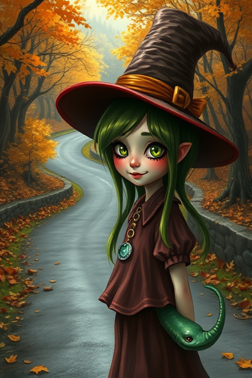 digital art fantasy depicting a strange girl with green hair, long eyelashes, orange lipstick and a tall hat walking along a winding road on an autumn afternoon, an Eel smiles as she passes