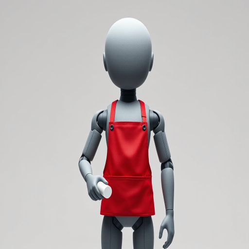 Create an image of a 3D humanoid figure with a smooth gray surface, wearing a red apron and holding a white object, shot with a Canon EOS R5 at 50mm f/1.2, ISO 100, aperture f/2.8, in a well-lit studio with softbox lighting for even illumination and a white backdrop for a clean look.