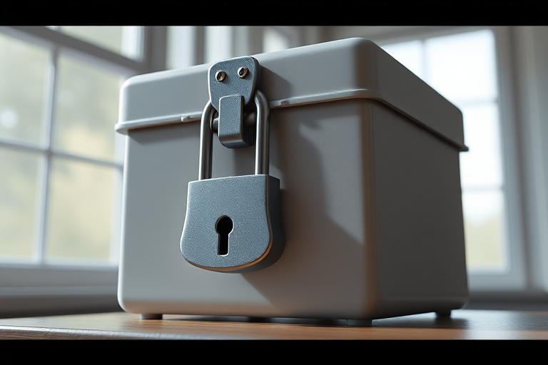 Create a detailed 3D render of a secure ballot box with a metallic padlock and latch, soft natural lighting from a window, high resolution, using a DSLR camera at f/2.8 aperture, 50mm lens, shot from eye level with a slight focus on the lock mechanism.