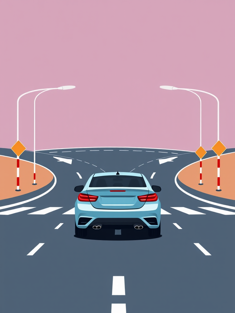 Create a high-quality vector graphic of a car approaching a curved intersection with bold directional arrows, using a wide-angle lens with an aperture of f/8, ISO 100, and a shutter speed of 1/125s, in a flat design style, with a 2D perspective.