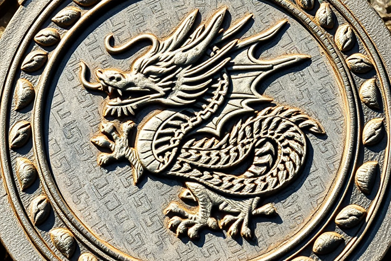 Create an intricate dragon emblem featuring bold lines and detailed textures, captured with a Canon EOS R5, 50mm lens, f/1.8 aperture, ISO 100, under natural light for enhanced clarity and contrast.