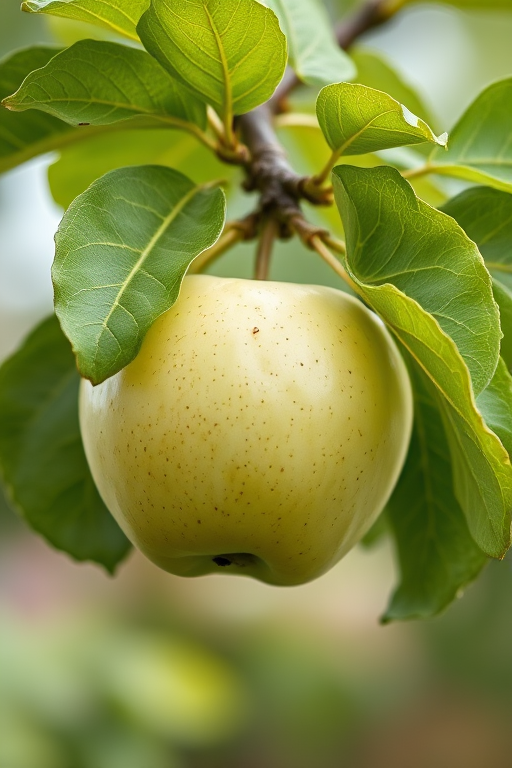 regenerate an image of a green custard apple fruit hanging on a branch with lush green leaves and a soft blurred background