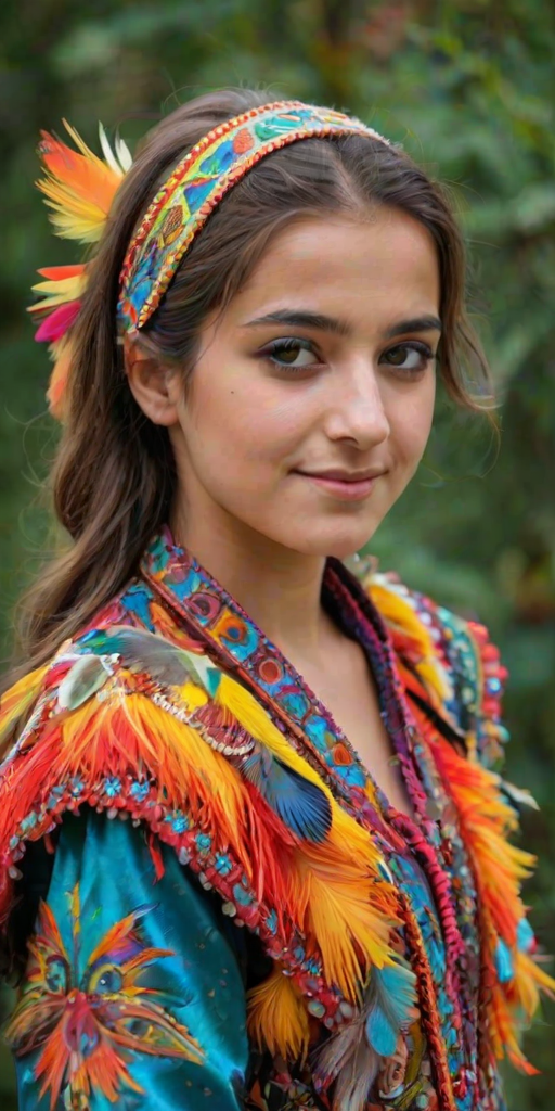 A beautiful Turkish girl, wearing colorful bird clothing with vibrant colors