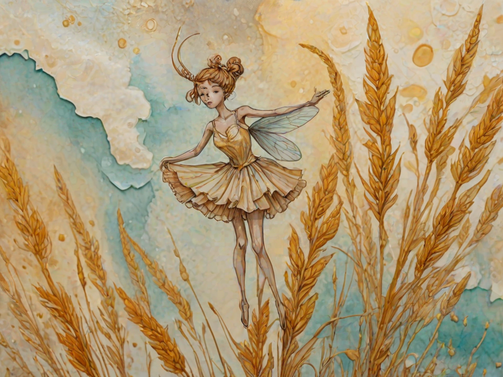 Soft, muted Alcohol Ink with ebru effect background image of tiny whimsical gazalle, who climbed high on the top of a golden rye ear.