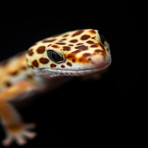 Close-up of a leopard gecko on a black background, shallow depth of field, fstop 2.8, ISO 100, 50mm lens, macro photography style, soft diffused lighting, DSLR camera.