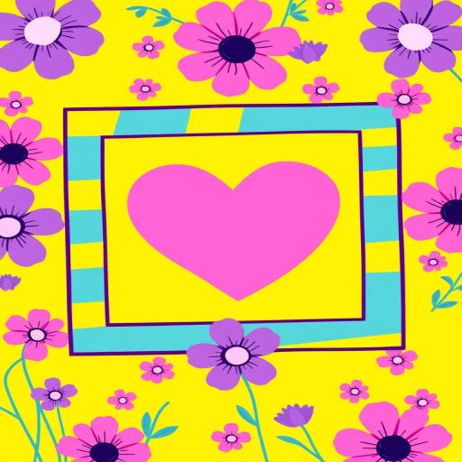 Create a vibrant digital illustration featuring a pink heart shape framed in a colorful square with blue and yellow stripes on a yellow background, surrounded by playful pink and purple flowers, with high resolution and a vector art style, using a 50mm lens, f/8 aperture, and soft lighting.