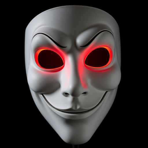 A detailed close-up image of a white theatrical mask characterized by unique features. It has crescent-shaped eyes that emit an ominous glowing red light, coupled with a broad smile that adds to its mysterious charm. The mask has a flat nose which blends naturally into its form. The mask is set against a stark black background, enhancing its striking white color. The eyes of the mask seem to mimic a full eclipse, creating an engaging dichotomy of darkness and light. The mask presents a traditionally masculine archetype with squinted eyes.
