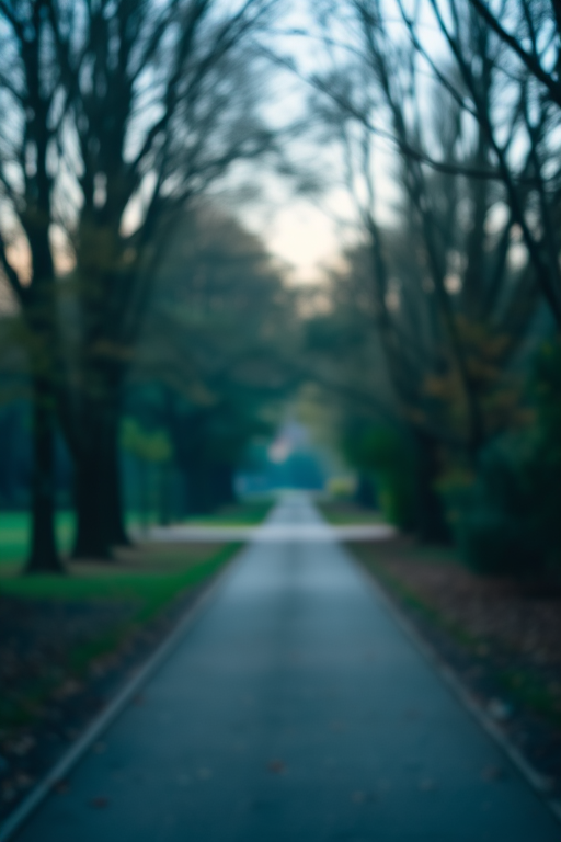 Landscape photo of a serene park pathway surrounded by trees, early morning light, shot with a DSLR camera using a 50mm lens at f/1.8, ISO 200, with a shallow depth of field to emphasize the path and soft bokeh in the background.
