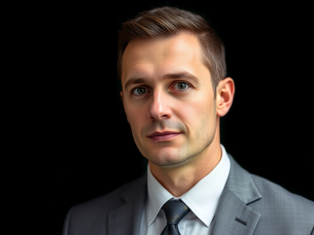 portrait of a man in a suit against a black background, soft lighting, 85mm lens, f/1.8 aperture, ISO 100, shallow depth of field, Nikon D850 camera, focused on facial features, professional and polished appearance