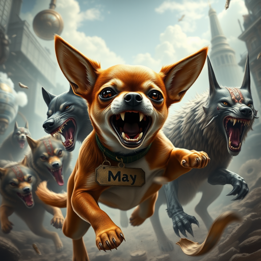 "Create a highly detailed and realistic image of a short-haired Chihuahua named Maya in an extremely fierce and enraged warrior pose. She is battling a pack of wolves and an alien creature, fighting for her life and the life of her owner. The Chihuahua should have a wild and aggressive appearance, with bared teeth and fierce eyes, showcasing her determination despite the overwhelming odds. She should have a distinct white patch on her chest, while the rest of her fur should be brown. A large tag with the name 'Maya' should be prominently displayed around her neck. The background should feature a sci-fi and steampunk style, filled with futuristic mechanical elements and Victorian technology, blending an urban landscape with fantastical details such as gears and steam."