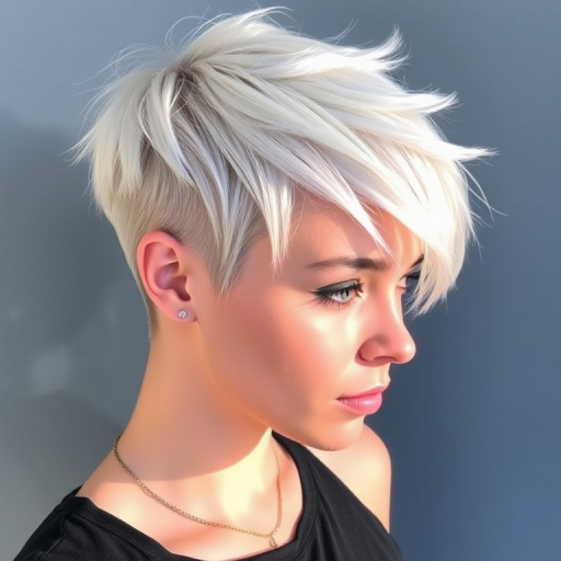 Striking platinum pixie cut with asymmetrical layers, dubbed "Arctic Frost," boasts a sleek and edgy appearance with icy blue undertones that catch the light