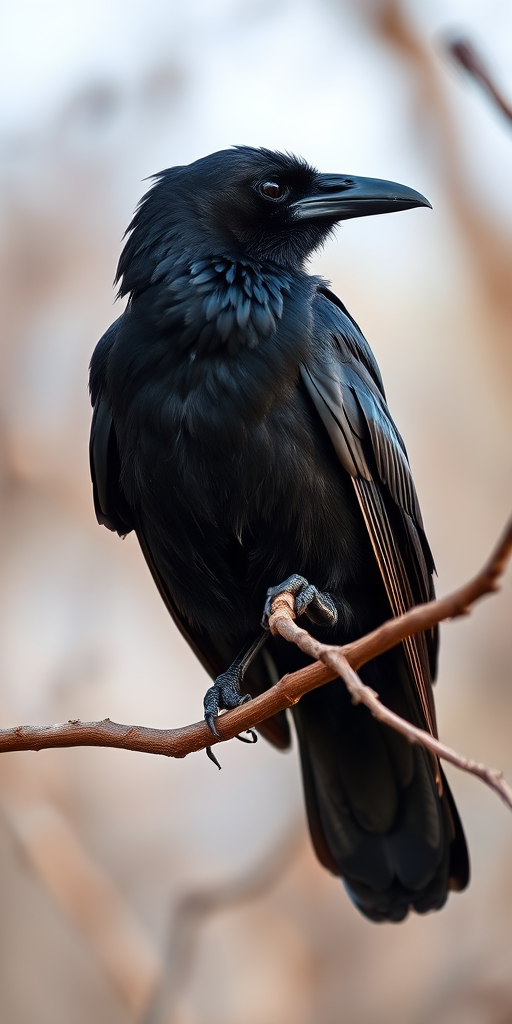 a highly detailed and realistic image of a raven perched on a branch against a blurred natural background, shot with a Canon EOS 5D Mark IV, 50mm f/1.8 lens, ISO 100, aperture f/2.8, shutter speed 1/200s, natural lighting, shallow depth of field to enhance focus on the raven