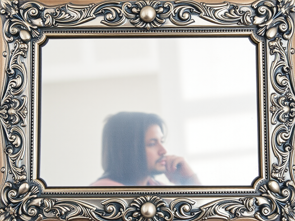 Generate a highly detailed image of a vintage, ornate silver picture frame with intricate carvings and a reflective surface, shot at f/8 aperture, ISO 100, 50mm lens, natural lighting, top-down view, high-resolution DSLR camera.