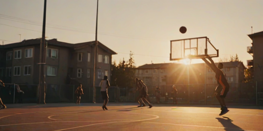Blurry action shot of a street basketball game at dusk, the ball mid-flight toward the hoop, with soft orange light from the setting sun casting long shadows on the court and nearby buildings.