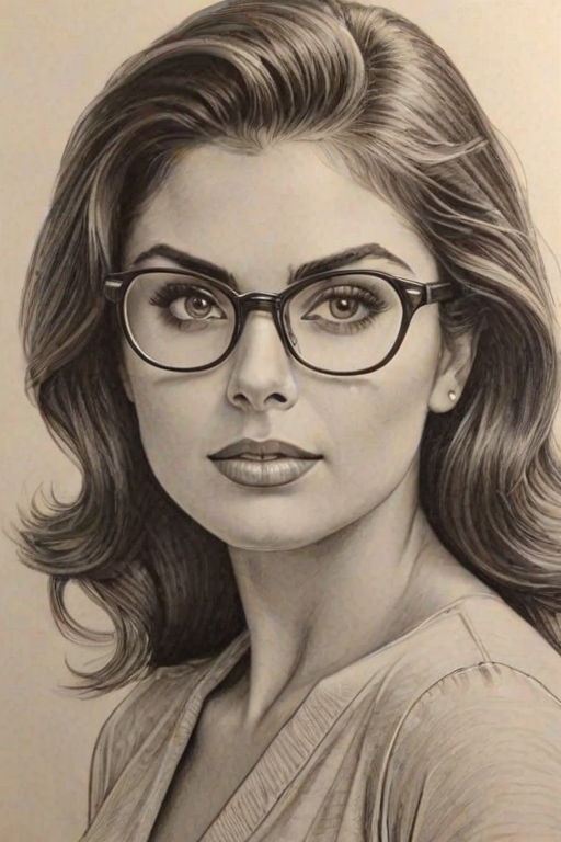 Radiant Nadia Bjorlin, pencil sketch, portrait of Charming woman 1945s in glasses, hair style beatnik, outline, clear lines, fine lines, 8k