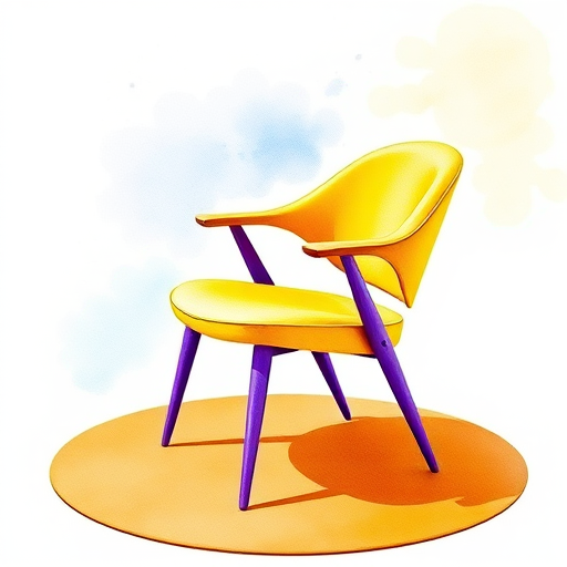 Generate a vibrant watercolor illustration of a modern chair with yellow upholstery and purple legs, on a circular orange rug, using a Canon EOS 5D Mark IV, 50mm lens, f/4 aperture, 1/125s shutter speed, shot in natural light for enhanced brightness and detail.
