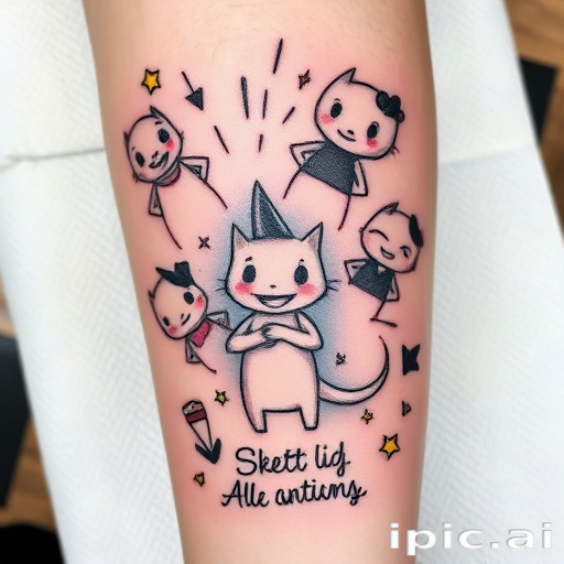 Playful "Sketch Animation" tattoo style featuring hand-drawn illustrations that appear to come to life through clever use of motion lines and multiple overlapping images, rendered in a mix of bold black outlines and subtle colored pencil shading, creating a dynamic and whimsical tattoo that tells a story through its animated aesthetic