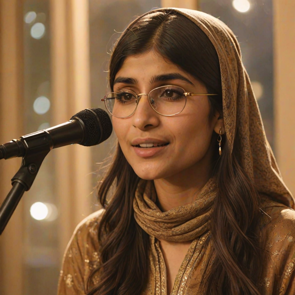 A close-up portrait of a mia khalifa with her eyes closed, singing into a microphone, positioned on the right side of the frame, facing the viewer. She is wearing a brown headscarf, gold earrings, and a brown blouse, and is bathed in warm, golden light emanating from the windows behind her. A blurred figure of a man singing into a microphone is visible in the background. The scene has a sense of calm and spirituality.