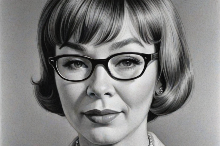 Pleasing Shirley MacLaine, pencil sketch, portrait of Exquisite woman 1937s in glasses, hair style beatnik, outline, clear lines, fine lines, 8k