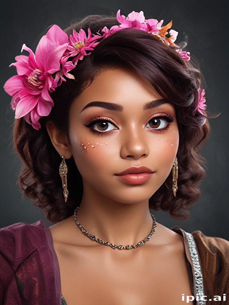 Elegant Portrait of a Young Woman Adorned with Colorful Flowers and Jewelry