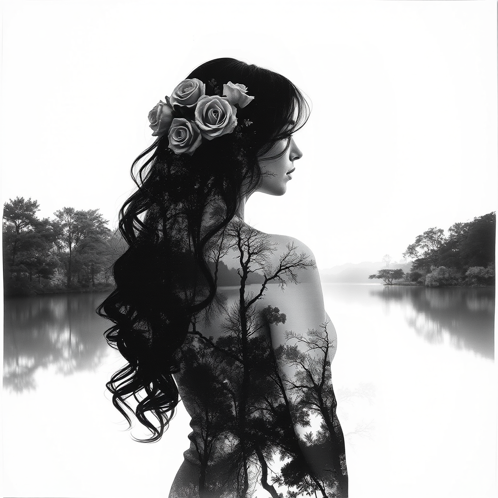 Double-masking photography, double exposure, an exquisite ink painting on white paper that's the perfect piece of double exposure art. This piece should combine the volume-shaded silhouette of a woman with beautiful long wavy hair with beautiful roses in her hair, beautiful monochrome white back under a beautiful  tree-lined lake