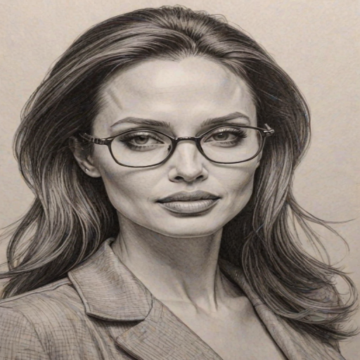 Bewitching Angelina Jolie, pencil sketch, portrait of Superb woman 1956s in glasses, hair style beatnik, outline, clear lines, fine lines, 8k