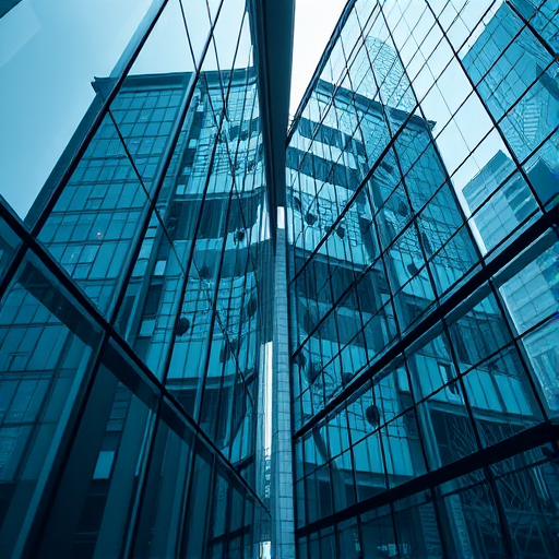 Capture a high-resolution architectural photograph of a modern building with reflective glass panels and intricate geometric patterns, taken from a low angle using a 24mm lens at f/8 aperture, ISO 100, with natural lighting and a shallow depth of field to enhance details.