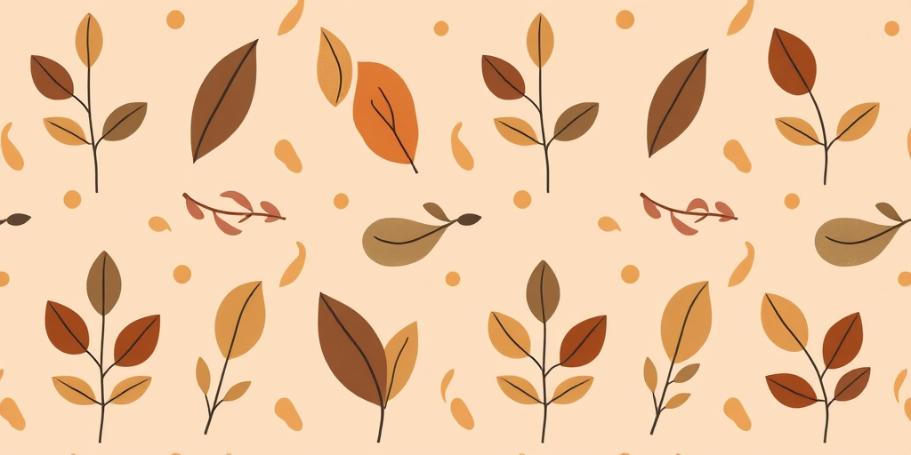 create a seamless pattern of abstract leaves and shapes in earthy tones on a soft peach background, using a Canon EOS R5, 50mm lens, f/2.8 aperture, ISO 100, 1/200 sec, shot in natural light to enhance vibrancy and sharpness