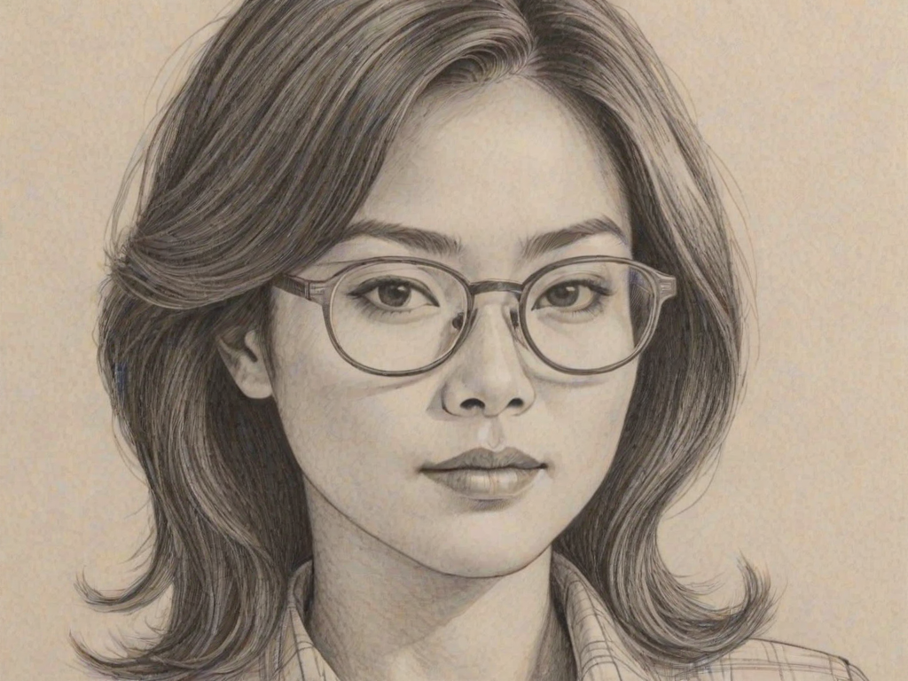 Resplendent Keiko Agena, pencil sketch, portrait of Stunning woman 1973s in glasses, hair style beatnik, outline, clear lines, fine lines, 8k