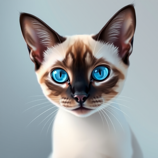 Create a high-resolution digital illustration of a Siamese cat with striking blue eyes, using a soft gradient background, at 300 DPI, in a close-up perspective, with a clean vector style, simulating a DSLR camera with a 50mm lens and f/1.8 aperture for depth of field.