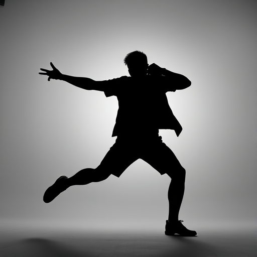 Generate a high-quality black and white silhouette image of a person in an action pose against a solid colored background, shot with a DSLR camera at f/2.8 aperture, 1/200 sec shutter speed, ISO 100, using a 50mm lens, in portrait orientation.