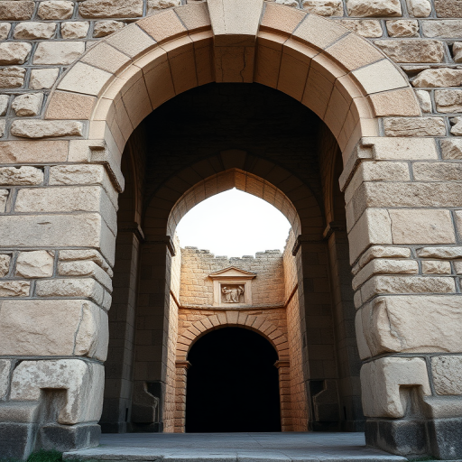 Capture a high-resolution image of an old stone archway with a deep black void beyond, utilizing a DSLR camera with a 24mm lens, aperture setting at f/8, ISO 100, 1/200 sec shutter speed, taken from a low angle to emphasize depth and texture, in natural daylight for enhanced clarity.