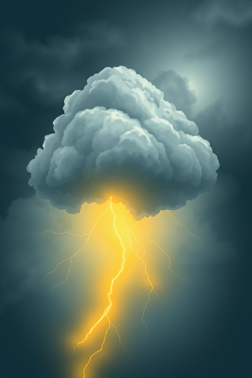Create a digital illustration of a storm cloud with a yellow lightning bolt, using a high-resolution background, shot from a low angle to enhance depth, with a soft focus effect to emphasize the cloud and lightning, in a vector art style.