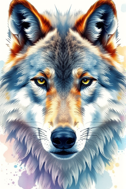 create a high-resolution watercolor sketch of a wolf with intricate details and soft splashes of color, using a Canon EOS R5 camera with an 85mm f/1.2 lens, aperture set to f/2.8, ISO 100, and a shutter speed of 1/125s, capturing a close-up view with an artistic focus on the wolf's expressive eyes and fur texture.