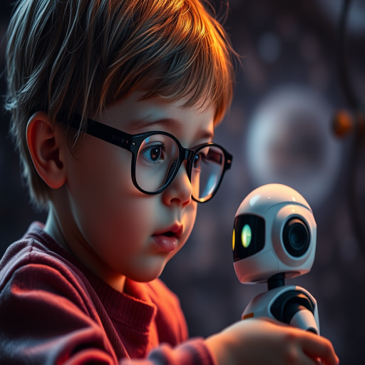 Create a scene of a young child in glasses interacting with a small robot in a cosmic environment with glowing eyes, soft focus background, shot with a Canon EOS R5, 50mm f/1.2 lens, aperture f/1.8, ISO 100, 1/200s shutter speed, dramatic lighting and high dynamic range for enhanced image quality.