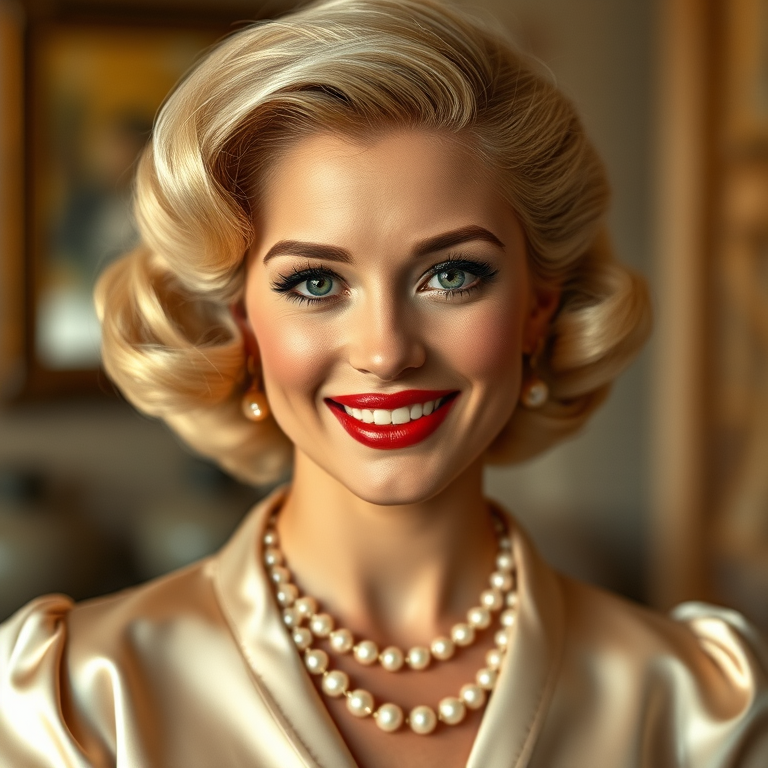 A beautiful Creole woman reminiscent of 1950s Hollywood glamour, with perfectly styled blonde hair and a seductive smile, dressed in a satin blouse and adorned with pearls, soft and warm tones, photorealistic, 8K