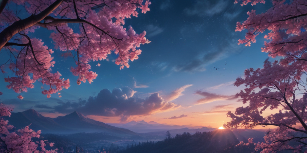 A Serene Sunset Over Mountains Framed by Blooming Cherry Blossom Trees.