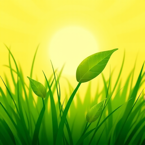 Generate a vibrant green botanical illustration with stylized leaves and grass in the foreground against a sunburst background, using a DSLR camera with a 50mm lens, aperture set to f/8, ISO 100, and a shallow depth of field for a crisp focus on the leaves.
