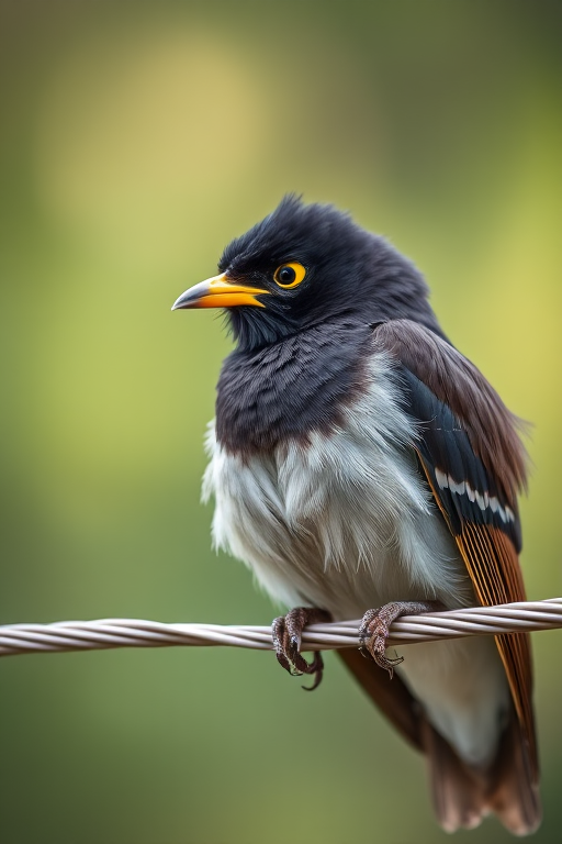 A close-up shot of a myna bird perched on a wire, showcasing detailed feathers and yellow eye patch, taken with a DSLR camera, 50mm lens, aperture f/2.8, shutter speed 1/500, ISO 200, natural daylight, shallow depth of field.