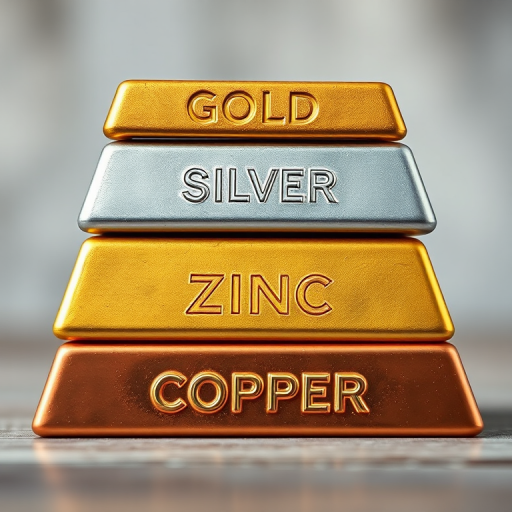 Create an illustration of stacked metal bars labeled "GOLD," "SILVER," "ZINC," and "COPPER," using a gradient of colors for the bars, with a soft-focused background, close-up shot, 50mm lens, f/2.8 aperture, ISO 100, natural lighting for enhanced clarity.